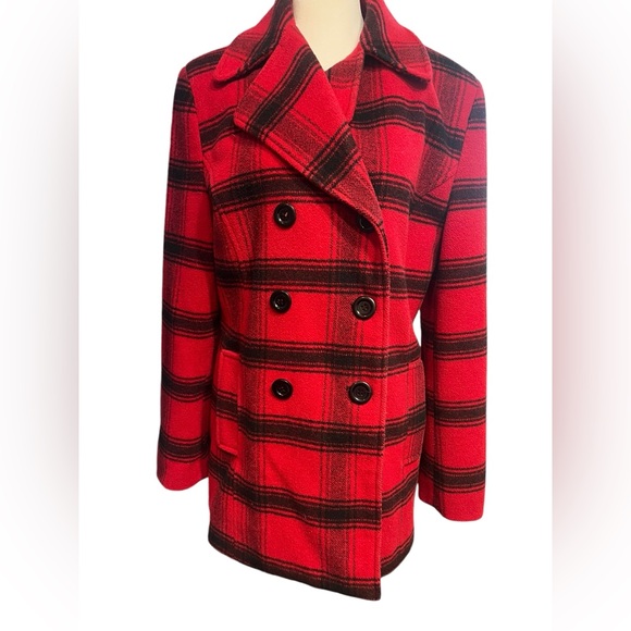 Chadwicks Jackets & Blazers - Chadwick’s of Boston Red and Black Plaid Wool Peacoat - Size 6